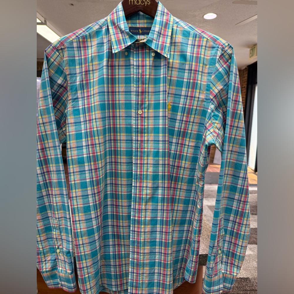 Ralph Lauren Teal Plaid Button-Down Shirt with Yellow & Pink Accents